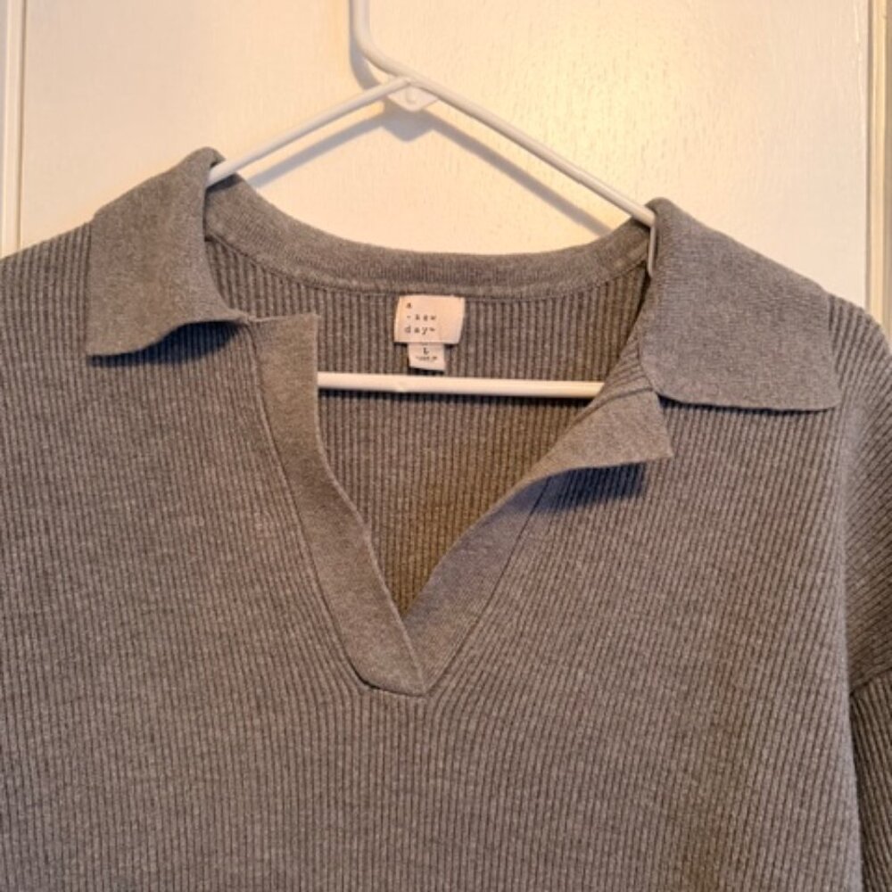 a new day Polo Collared Long Sleeved Gray Sweater Mini Dress- L - Picture 2 of 8